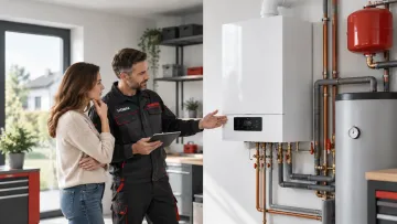 Vytvoreno AI: Technik ENBRA představuje moderní plynový kotel a možnosti vytápění rodinného domu.